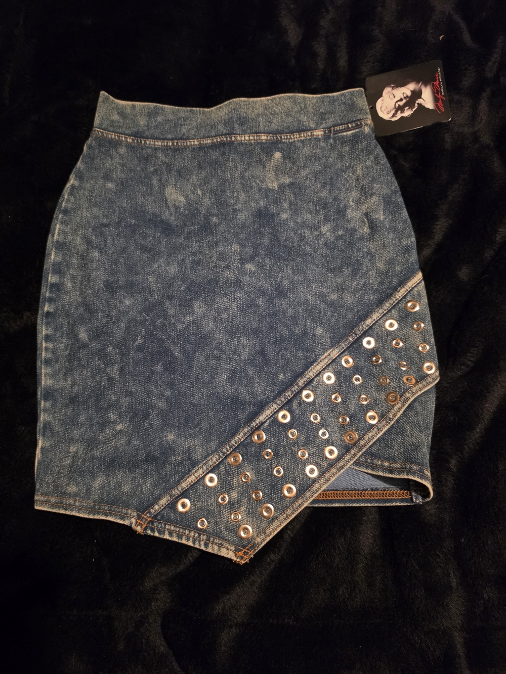 Marilyn Monroe Acid Wash Grommet Denim Mini Skirt NWT